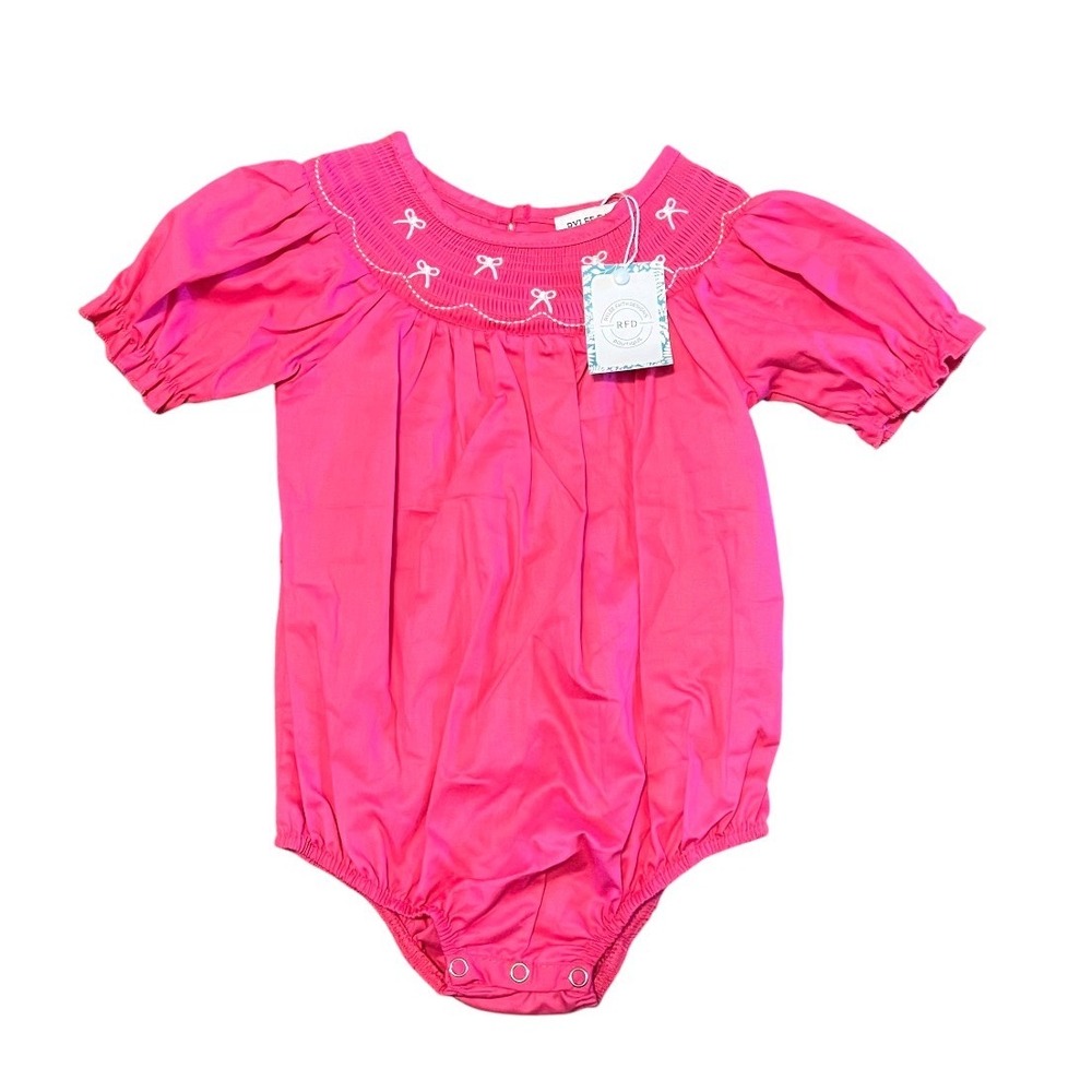 NEW Rylee Faith Designs Hot Pink Smocked Bow Bubble Romper 18M NWT